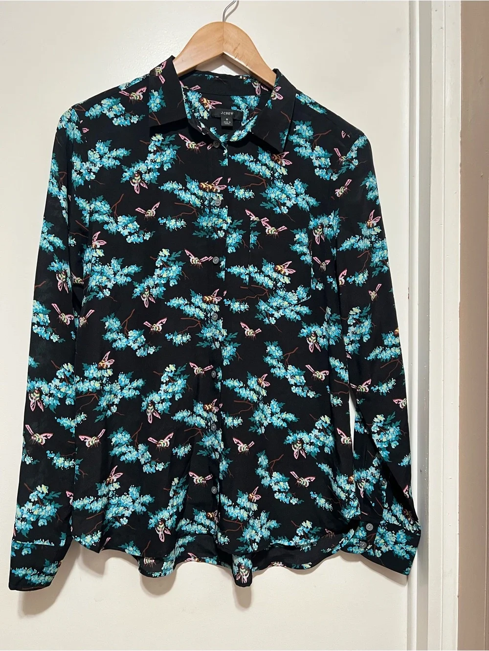 J Crew Botanic Bee Floral Women’s Blouse Size 8 100% Silk Button Up